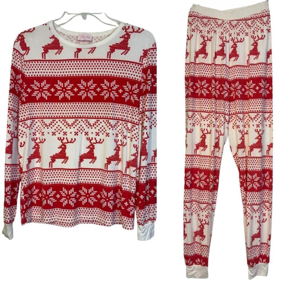 Pink Lily Reindeer Christmas Pajama Set Women’s Sz. XS Pull-On 2 Pieces